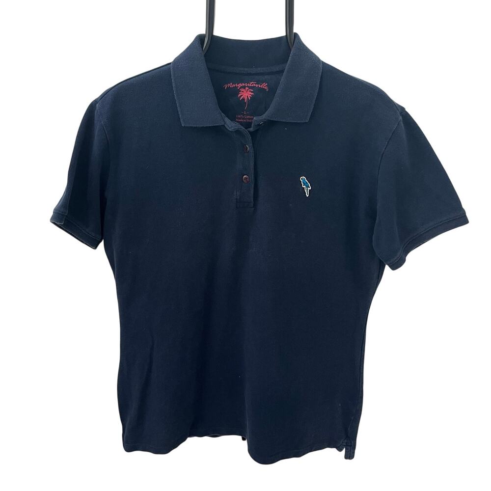 Margaritaville Women's Polo Shirt Size Large L Navy Blue Blue Parrot Cotton